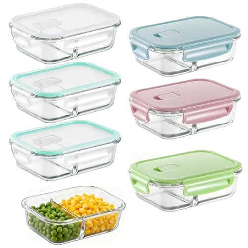 Image of Zocipro 6 Pack Glass Containers with Lids, 640ml Leak-Proof & Airtight Glass Food Storage Containers with 2 Compartments and Snap Locking Lids, for Microwave, Oven,Freezer and Dishwasher