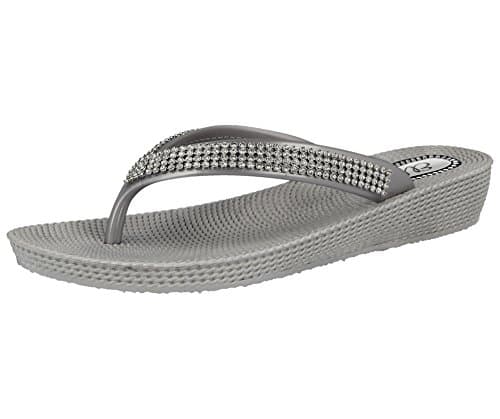 Image of ella Ladies S1 Diamante Toe Post Flat Low Wedge Jelly Flip Flop Summer Sandals Size 3-8 (UK 5, Silver)