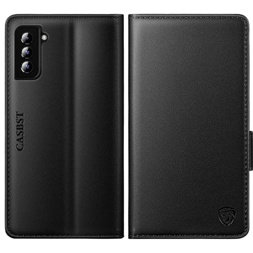 Image of CASBST for Samsung Galaxy S22 Case, Kickstand Flip Leather Wallet Book Case with Card Slots Shockproof Magnetic Closure Protective Phone Case Cover Compatible with Samsung S22 - Black