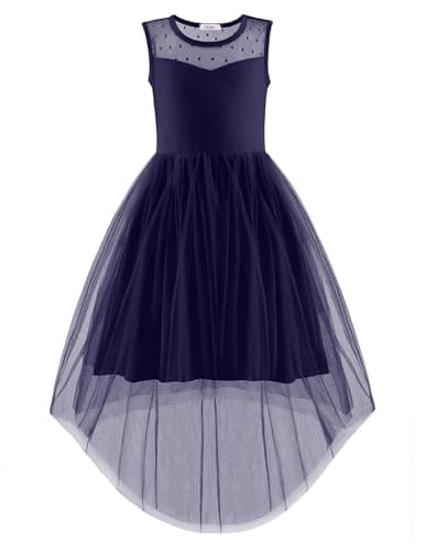 Image of Arshiner Girls' Dresses Sleeveless Children's Summer Party Festive Wedding Communion Bridesmaid Dress Girl Tulle Dress with Asymmetrical Hem and Belt Navy Blue 12-13 Years