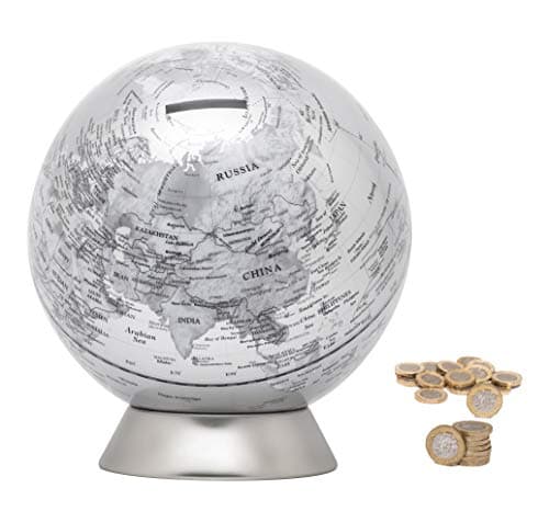 Image of Exerz Money Box Globe, Piggy Bank 16cm Diameter, Political Map, Contemporary Metallic Look, Stainless Steel Base, Educational & Decorative (Silver)