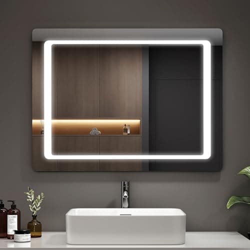 Image of EMKE 60 x 80 cm LED Bathroom Mirror with Shaver Socket, Bathroom Mirror with LED Lights, Anti-fog/Socket Charger/Motion Sensor, Wall Mounted Vanity Mirrors, IP44, Horizontal/Vertical
