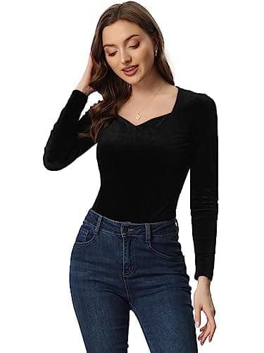 Image of Allegra K Velvet Tops for Women's Christmas Long Sleeves Sweetheart Neck Blouse X-Large Black