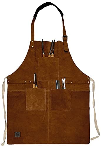 Image of Rustic Town Genuine Leather Grill Work Apron with Tool Pockets ~ Adjustable up to XXL for Men & Women ~ Gift Ideas for Him Her (Tan)