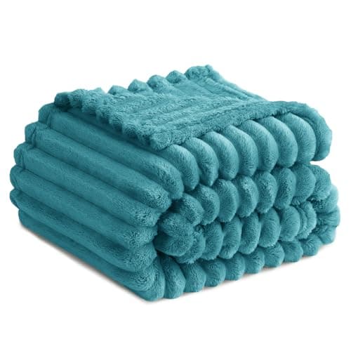 Image of RUIKASI Fleece Throw Blanket for Sofa - Double Fluffy Teal Throws for Sofas Large, Soft Warm Blanket Throw for Couch, Luxury Decorative Ribbed Bed Blanket 150x200cm Twin