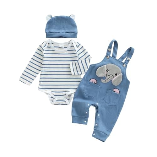 Image of Loalirando Newborn Baby Boy Clothes Long Sleeve Striped Romper Cute Elephant Overalls Pants and Hat Boys 3Pcs Clothing Sets Infant Fall Outfit 0-18 Months (Blue, 0-3 Months)