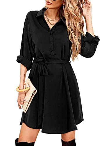 Image of Beluring Long Sleeve Dresses for Women V Neck Button Shirt Dress with Pockets Black Size 22 24