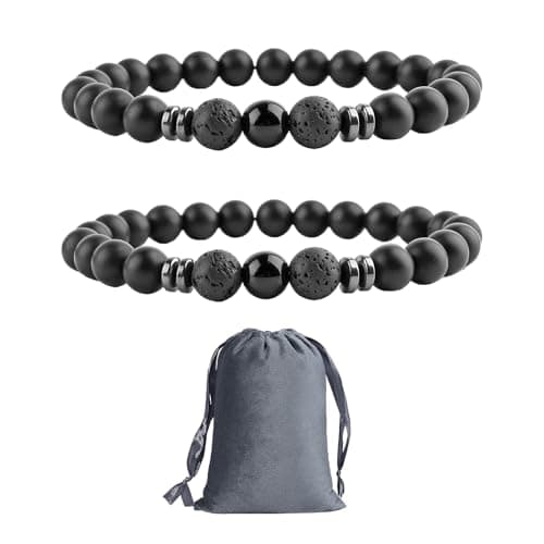 Image of Agate Lava Stone Bracelet Set - Men's Jewelry, 8mm Black Bead Bracelets with Storage Bag