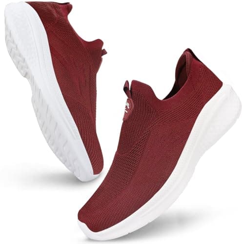 Image of Giniros Mens Slip On Trainers Casual Trainers Shoes Breathable Running Walking Sneakers Lightweight Tennis Shoes Soft Comforble Mesh Gym Workout Sneakers, Red UK 9.5