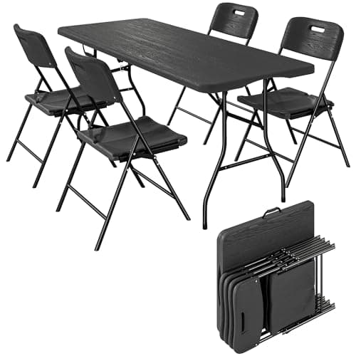 Image of Outsunny 5 Piece 6ft Foldable Table and Chairs, Portable Picnic Table Set with 4 Chairs, Waterproof HDPE Top and Steel Frame, for Outdoor, Garden, Picnic, BBQ, Black