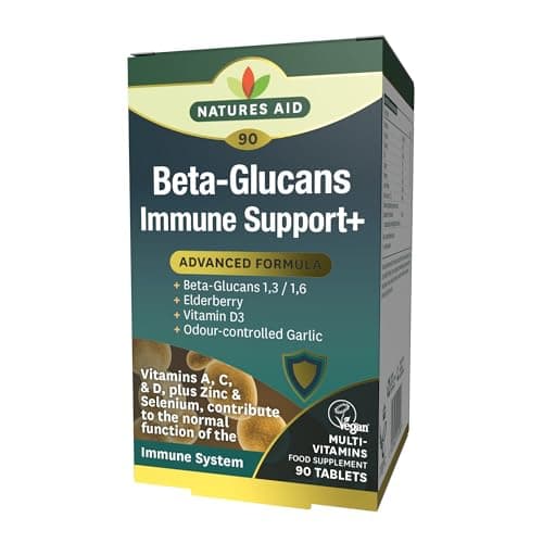 Image of Natures Aid Beta Glucans Immune Support Supplement - Vitamin C, D3, A, Zinc, Selenium, Garlic & Elderberry - Immune System Support for Adults - Vegan, Gluten Free, Non-GMO - 90 Tablets
