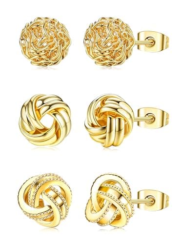 Image of Roheafer 3 Pairs Gold Earrings for Women Girls 14K Gold Plated Woven Ball Stud Earrings Love Knot Post Earrings for Sensitive Ears
