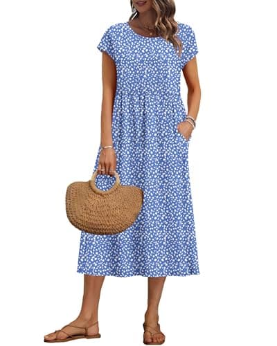 Image of AUSELILY Women's Summer Short Sleeve Loose Dresses Shift Plus Size Midi Floral Dress with Pockets, Blue Pattern 2XL