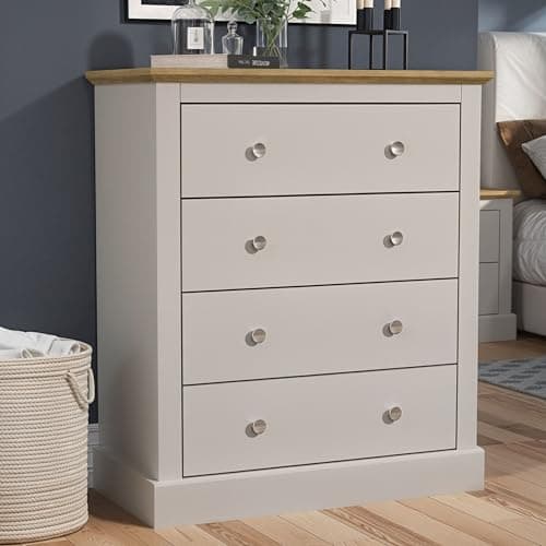 Image of Galano Surrey 4 Drawer Chest – Wide Storage Dresser for Bedroom, Hallway, Entryway, or Living Room – Clothing Organizer with Spacious Drawers (Grey/Oak)