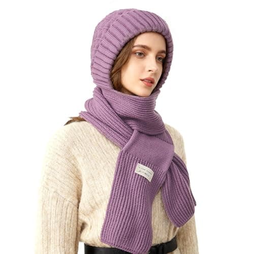 Image of TAGVO Winter Slouch Knit Hat & Scarf Women, Ladies Windproof Elastic Fluffy Snood Hood Beanie Hat with Long Scarf, 2 in 1 Multifunction Soft Fleece Full Face Ski Mask Neck Warmer Balaclava For Women