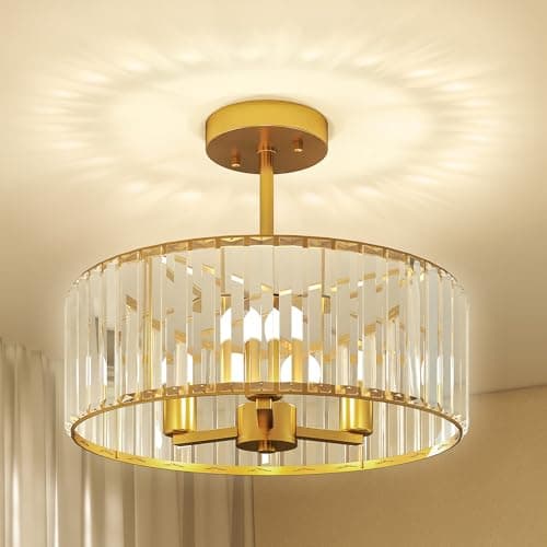 Image of HOMCOM Crystal Ceiling Light Fixture, Semi Flush Mount Modern Crystal Chandelier Ceiling Light for Living Room, Bedroom, Hallway, Dining Room, E14 Base 3-Lights, Bulbs Not Included, Gold Tone