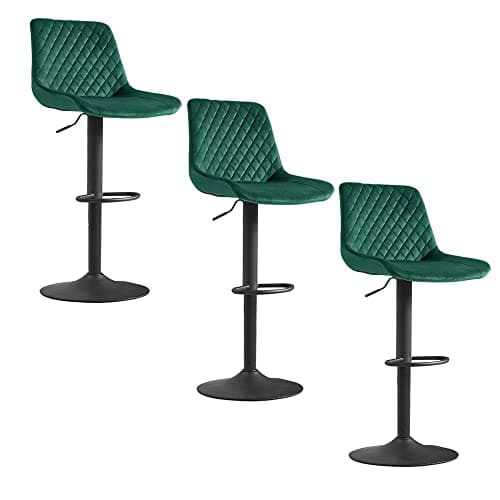 Image of JaHECOME Velvet Green Bar Stools Set of 3- Modern Swivel Height Adjustable Barstools with Black Metal, Armless Large Padded Cushion Breakfast Counter Chairs for Kitchen Island, Pub, Restaurant, Café