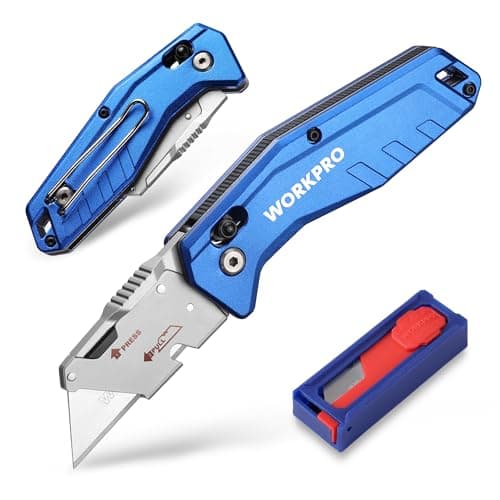 Image of WORKPRO Folding Utility Knife, Aluminum Box Cutter with Slip Lock, Quick-Change Blade, Heavy-Duty Design, Includes 10 Blades