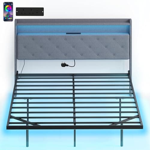 Image of HOMCOM 5ft King Size Bed Frame, Floating Bed Frame with Music Sync RGB LED Lights and Charging Station, Upholstered Headboard with Storage Shelves, No Box Spring Needed, Noise Free, Grey