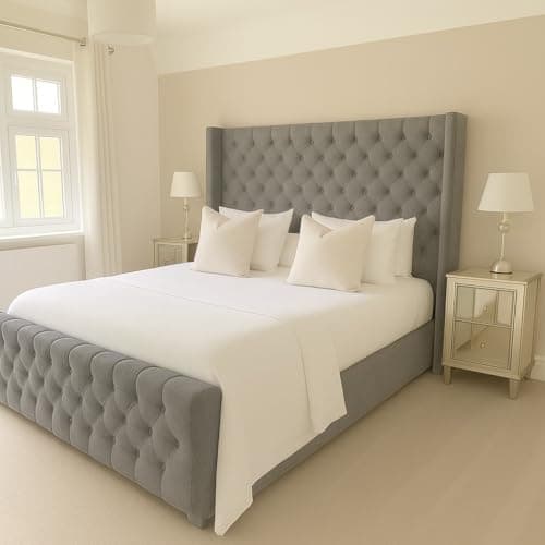 Image of Bespoke Chesterfield Plush Velvet Cannas Wingback Bed - Mattress/Gas Lift Options - UK Made - Double/King/Super King (Grey Plush, Double 4ft6 Bed Frame)