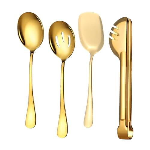 Image of 4 Pcs Large Serving Spoon Set, Gold Stainless Steel Kitchen Tongs Slotted Spoons Shovels for Buffet Parties Wedding Dinner