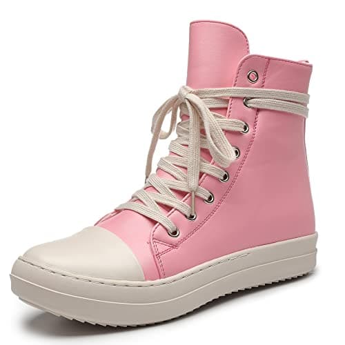Image of MOFEEDOUKA Womens High Top Sneakers Lace Up Comfort Platform Walking Canvas Shoes with Zipper, Pink Pu, 8 UK