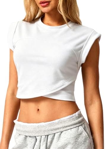 Image of Navneet Women Cap Sleeve Workout Tops Cropped Tank Tops Crossover Hem Yoga Pilates Top Basic Gym T Shirts Running Going Out White S
