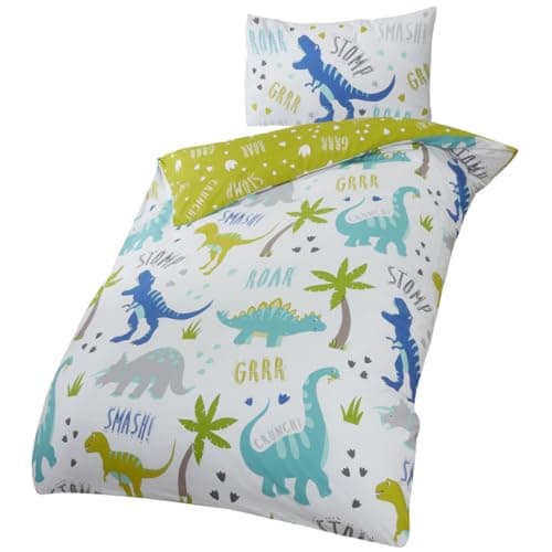 Image of Rapport Roarsome Dinosaur Reversible Duvet Cover Set for Kids | Vibrant Dino World Bedding | Soft Cotton Blend Toddler Size, White, Green, Blue
