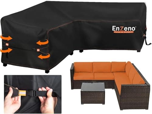 Image of Enzeno Garden L-Shape Furniture Cover Waterproof,420D Heavy Duty Oxford Fabric Outdoor Rattan Corner Sofa Cover with Waterproof Tape (250 * 180 * 90cm) Black