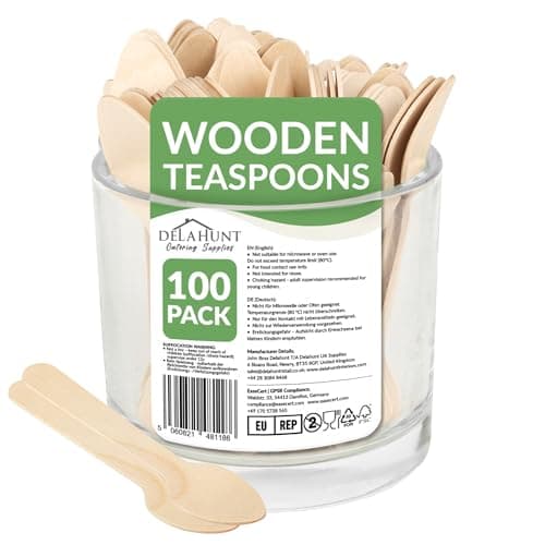 Image of Disposable Wooden Teaspoons [100 Pack] - 11cm FSC-Certified Birchwood Compostable Cutlery | Eco Friendly Small Spoons for Coffee, Tea, Drinks, Dessert, Ice Cream, Tasting, Catering, Takeaway & Events
