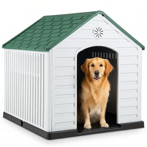 Image of Maxmass Plastic Dog House, Weather-Resistant Dog Kennel with Roof, Elevated Floor, Air Vents, Indoor Outdoor Pet House Waterproof Pet Cage Large Pet Shelter for Dogs Cats Rabbits (Deep Green+White)