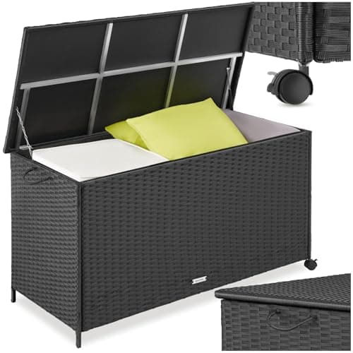 Image of tectake® Rattan Garden Storage Box in UV-Resistant Polyrattan, 253L Outdoor Storage Box with Lockable Swivel Wheels, Aluminium Frame & Gas Spring, Balcony, Patio & Garden Cushion Storage - Black