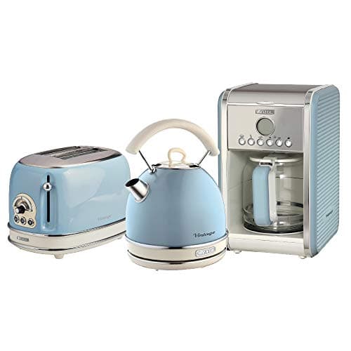 Image of Ariete ARPK15 Retro Style Dome Kettle, 2 Slice Toaster and Filter Coffee Machine Set, Vintage Design, Blue