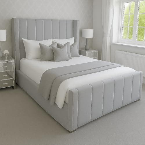 Image of Attock Beds Plush Velvet Wing Panel Bed Frame with Optional Mattress & Ottoman Gas Lift Storage – Luxury Handmade Bed (Grey Plush, Double 4ft6 Bed Frame)