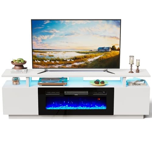Image of INMOZATA Electric Fire Insert TV Stand, 179cm Media Console Storage Table & 92cm Electric Fireplace with Remote Control, 12 LED Backlight, 12 Flame Colors, Temperature Adjustable, 900W&1800W-White