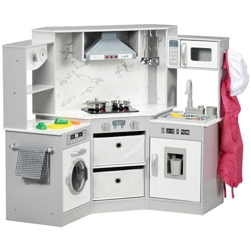 Image of AIYAPLAY Kids Corner Kitchen, Toy Play Kitchen, Role Play Toddler Kitchen with Running Water, Lights, Sounds, Apron and Chef Hat, Water Dispenser, Sink, Utensils, Ages 3-6 Years, Grey