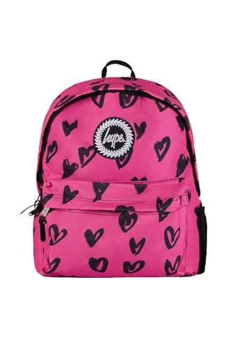 Image of hype Unisex Backpack, Black with Pink Iconic Glitter Scribble Hearts, School Bag for Kids, Comfortable Rucksack with Bottle Holder, 3 Storage Compartments, Padded, Adjustable Straps & Grab Handle