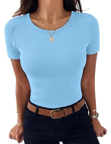 Image of Aottori Summer Tops for Women UK Short Sleeve T Shirts Ribbed Round Neck Base Layer Tee Shirt Lightweight Slim Fit Plain Pullover Tunic Top Sky Blue M