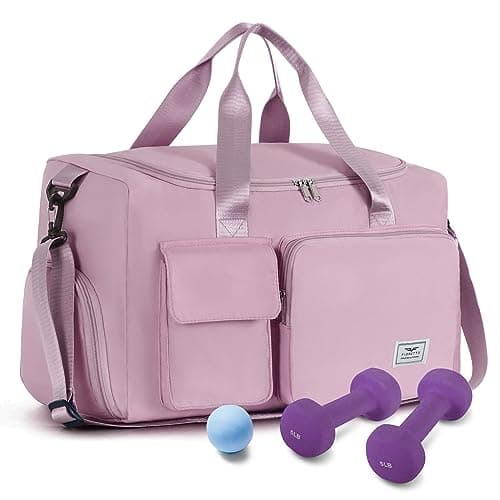 Image of FIORETTO Womens Mens Sports Gym Bag Duffle Bag with Shoes Compartment, Weekend Travel Bag Overnight Bag for Women, Water Resistant Holdall Hospital Bag for Swimming Pink