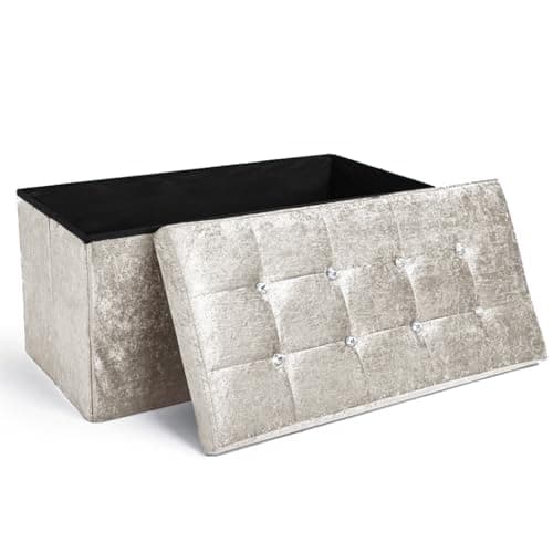 Image of Home Republic Crushed Velvet Ottoman Storage Box – Foldable Cube Ottoman with Lid – Multipurpose Toy Chest, Foot Rest, Bench Seat & Nursery Storage Solution (Cream, 76W)