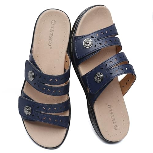 Image of TETSUO Womens Blue Sandals Flat Dressy Summer Open Toe Comfortable Walking Sandal Arch Support Slide Sandals Adjustable Strap Slip On Ladies Sandals