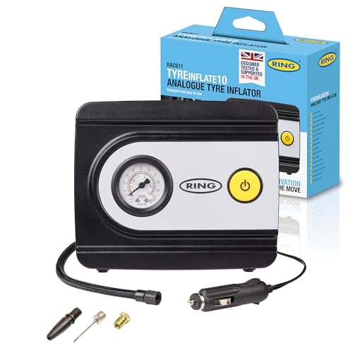 Image of RING TYREINFLATE 10 Analogue Tyre Inflator Air Compressor with Three Adaptors - Measures in PSI, BAR and kPA