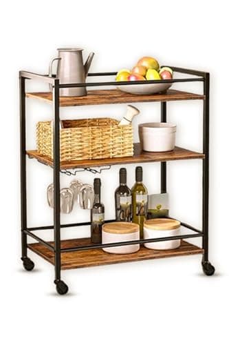 Image of FEFE 3 Tier Rolling Industrial Design Rustic Look Wooden Kitchen Food Serving Cart Trolley With Wheels & Glass Hooks