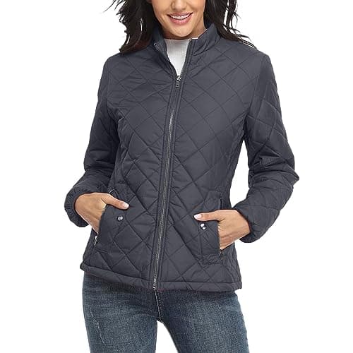 Image of QWUVEDS Cotton Coat Long Sleeve Stand Collar Quilted Jacket - Casual Women's Warm Lightweight Outdoor Jacket Without Hood, Gray, M