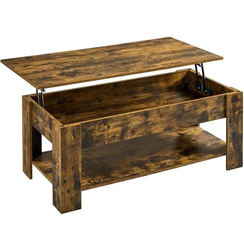 Image of Yaheetech Lift Up Coffee Table, Wooden Lifting Coffee Table with Hidden Storage Drawer and Open Shelf, Space-saving Tea Tables for Living Room/Reception, Rustic Brown, 120x60x(49-63.5) cm