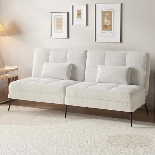 Image of COMHOMA Fabric Sofa Bed 3 Seater Upgraded Frame 5-Gear Back Angle Adjustable Futon Sofa for Living Room, Guest Room (Corduroy, Beige)