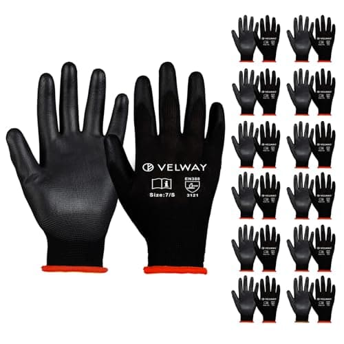 Image of Velway Safety Work Gloves - 12 Pairs Non-Slip PU Coated Gardening & Mechanic Gloves for Men & Women (Black, Size 7/S)