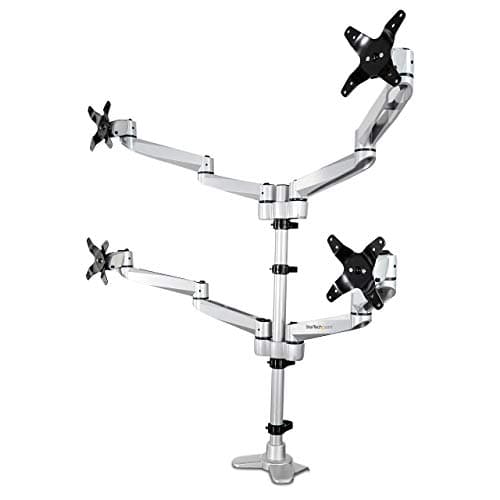 Image of StarTech.com Desk Mount Quad Monitor Arm – Premium Articulating VESA 4 Monitor Mount 2x2 up to 27" – Ergonomic Height Adjustable Pole Mount - Tilt/Swivel/Rotate - C-Clamp/Grommet - Silver (ARMQUADPS)