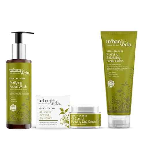 Image of Urban Veda Purifying Cleansing Essentials | Purifying Facial Wash 150 ml, Exfoliating Polish 125 ml, Day Cream 15ml | Oil & Acne | Vegan & Cruelty Free