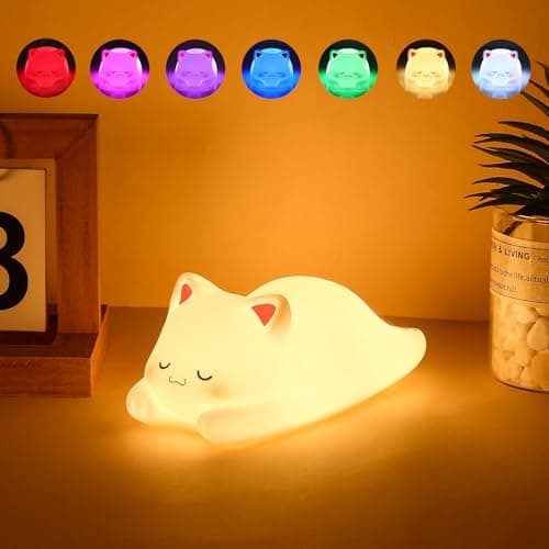 Image of Tremdwoto Cat Night Light for Kids,Cute Colorful Nightlight Baby Girl Squishy Night Lights Lamp 1/3 Hour Timer Kitty Light Dimmable Nursery Lamp Nightlight Gift for Kid Toddler Kawaii Bedroom Decor